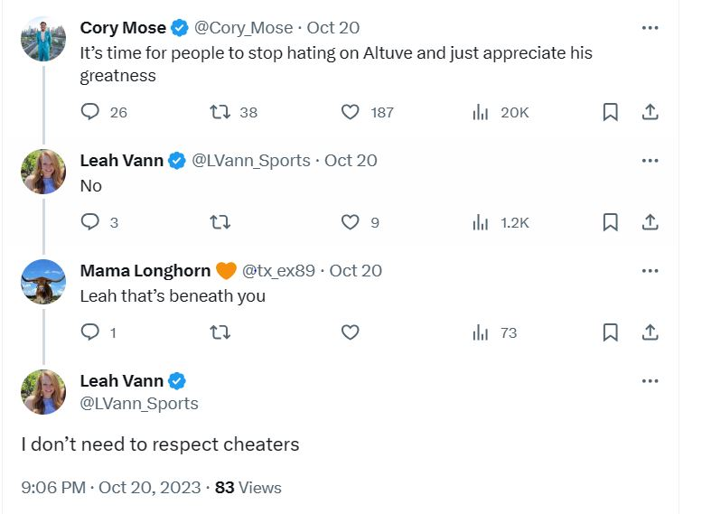 Leah Vann calls Altuve a cheater.