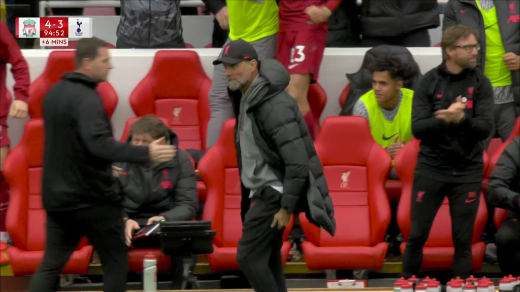 Jurgen Klopp straining his hamstring after a celebration.