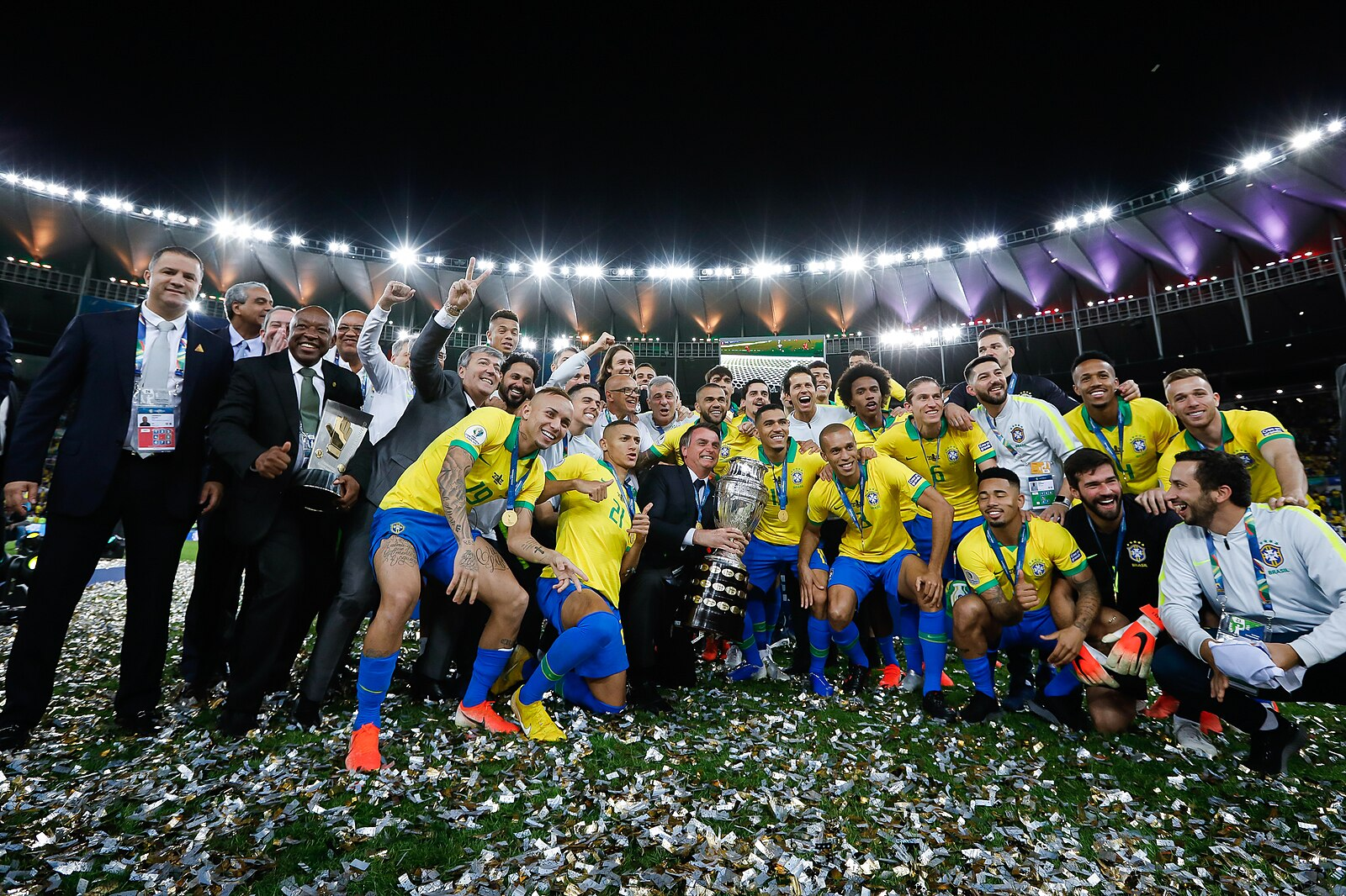 Brazilian National Team celebrates their victory in the 2019 Copa America Tournament.