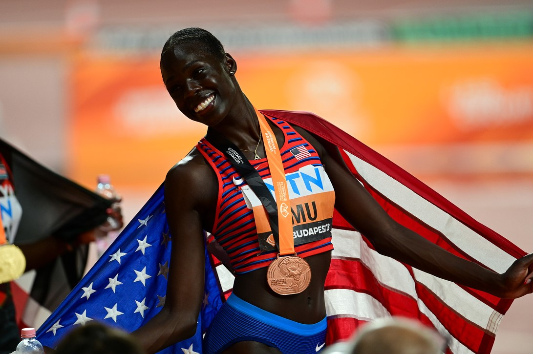 Athing Mu with her bronze medal at the 2023 World Athletics Championships, Day 9.